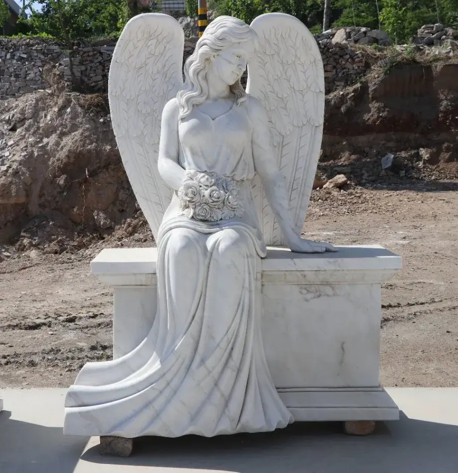 Sitting Angel Marble Headstone Cemetery Sculpture