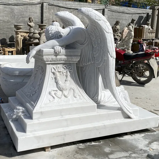Hand-Carved Natural Marble Sad Angel Cemetery Sculpture
