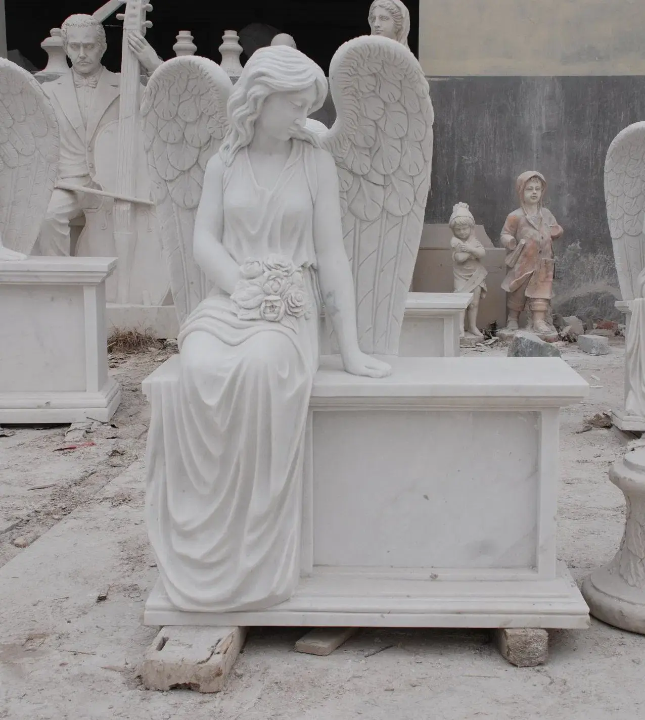 Sitting Angel Marble Headstone Cemetery Sculpture