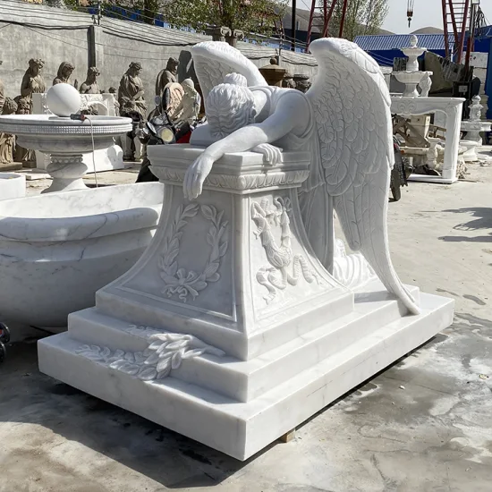 Hand-Carved Natural Marble Sad Angel Cemetery Sculpture